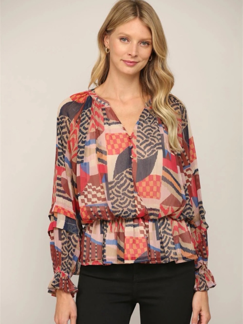 Fate - Multicolor Geometric & Animal Print Peasant Blouse